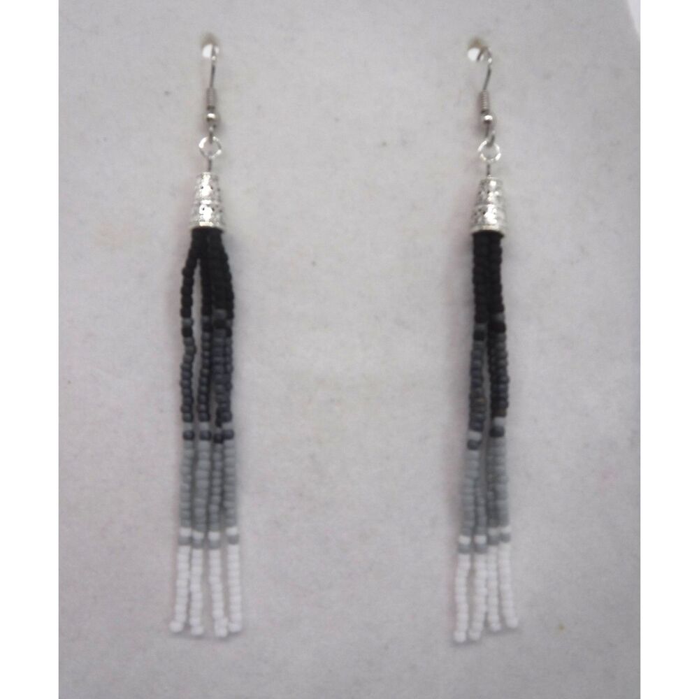 Earrings Beaded Black, Gray, White & Silver